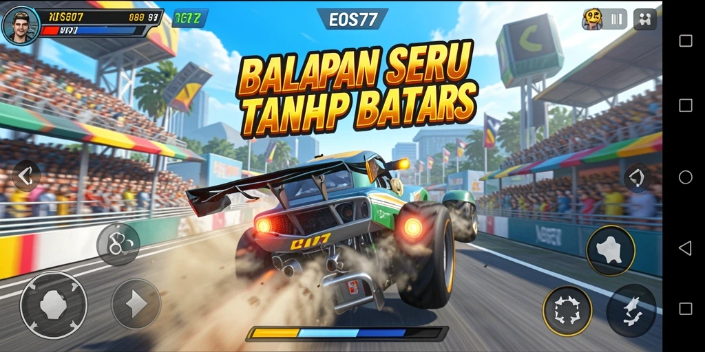 Tampilan seru gameplay EOS77 dengan aksi balapan yang mendebarkan.