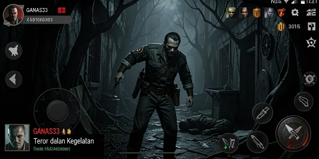 Screenshot menunjukkan pemain menjelajahi lingkungan menyeramkan di GANAS33.