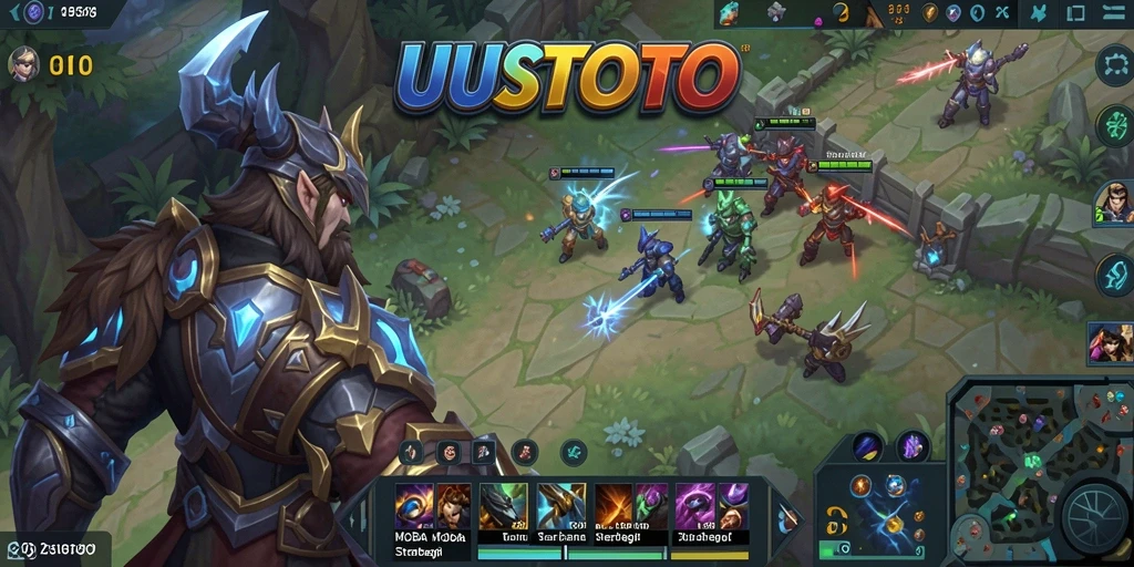 Screenshot UUSTOTO menampilkan pertarungan seru antar hero di arena MOBA.